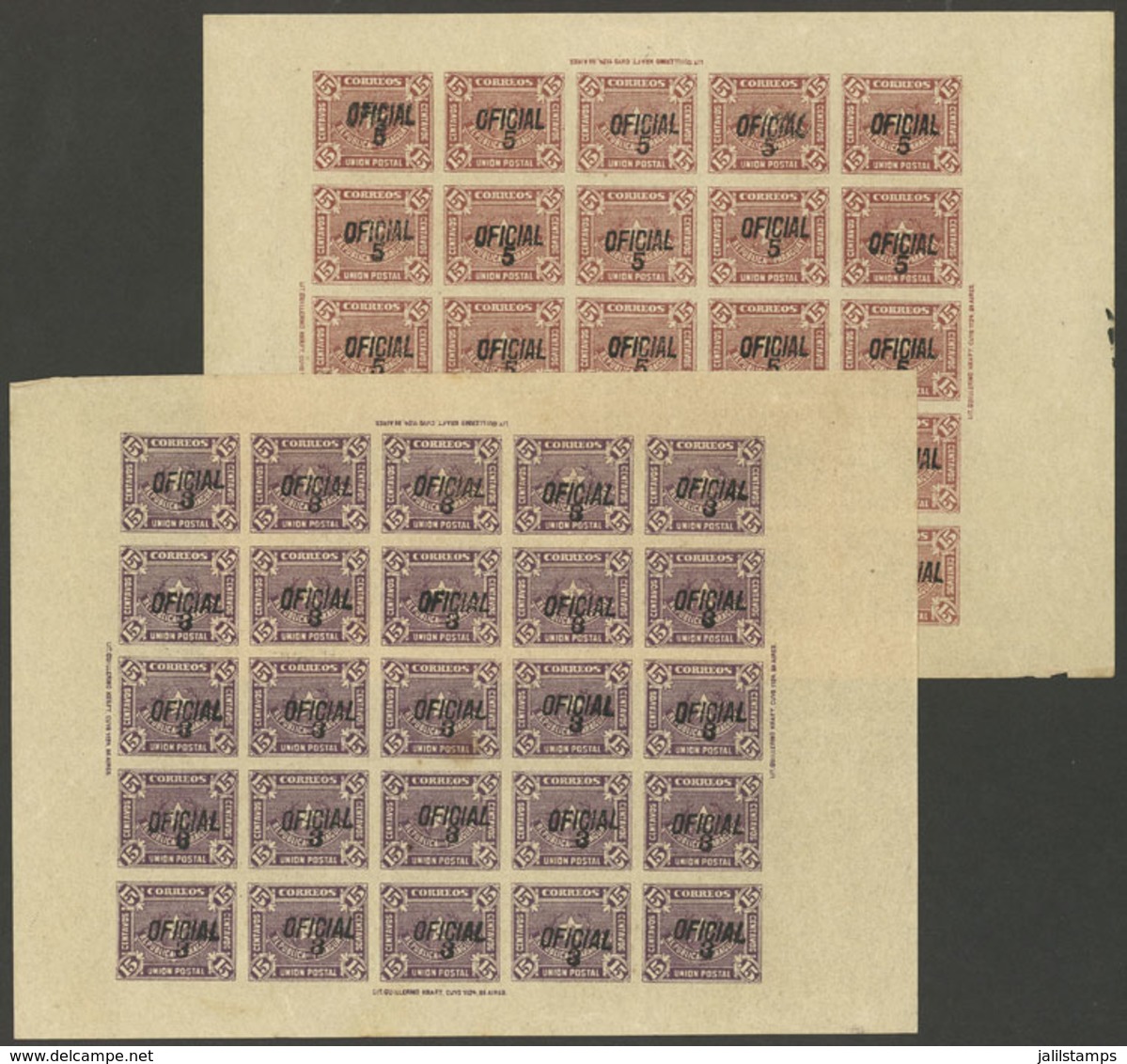 PARAGUAY: Sc.O16/17, 1889 Complete Set Of 2 Overprinted Values, Cmpl. Imperforate Sheets Of 25, Mint Without Gum As Usua - Paraguay