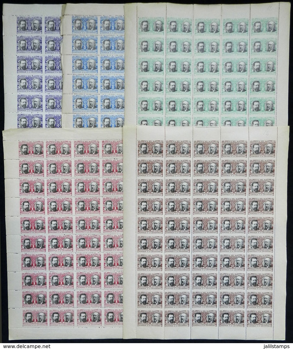 PARAGUAY: Sc.O99/O103, 1940 University Of Asunción, Complete Sheets Of 50 Stamps Of Each One Of The First 5 Values, With - Paraguay
