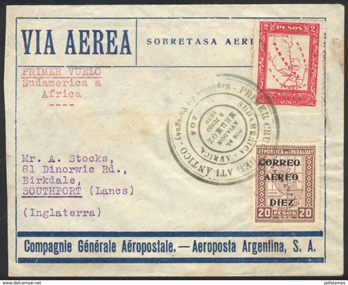 PARAGUAY: 8/JUN/1930 Asunción - England, Registered Airmail Cover Flown On FIRST CROSSING OF THE ATLANTIC By Jean Mermoz - Paraguay