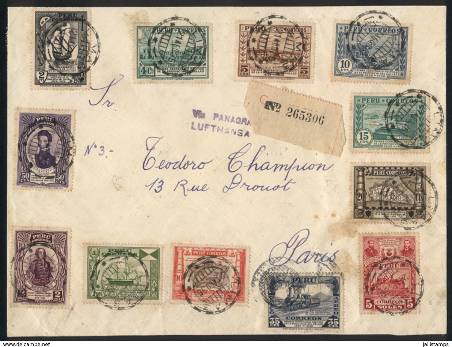 PERU: Sc.341/351 + C13, 1936 Centenary Of The Province Of Callao, Cmpl. Set Of 12 Values On A Cover Sent To France On 21 - Peru