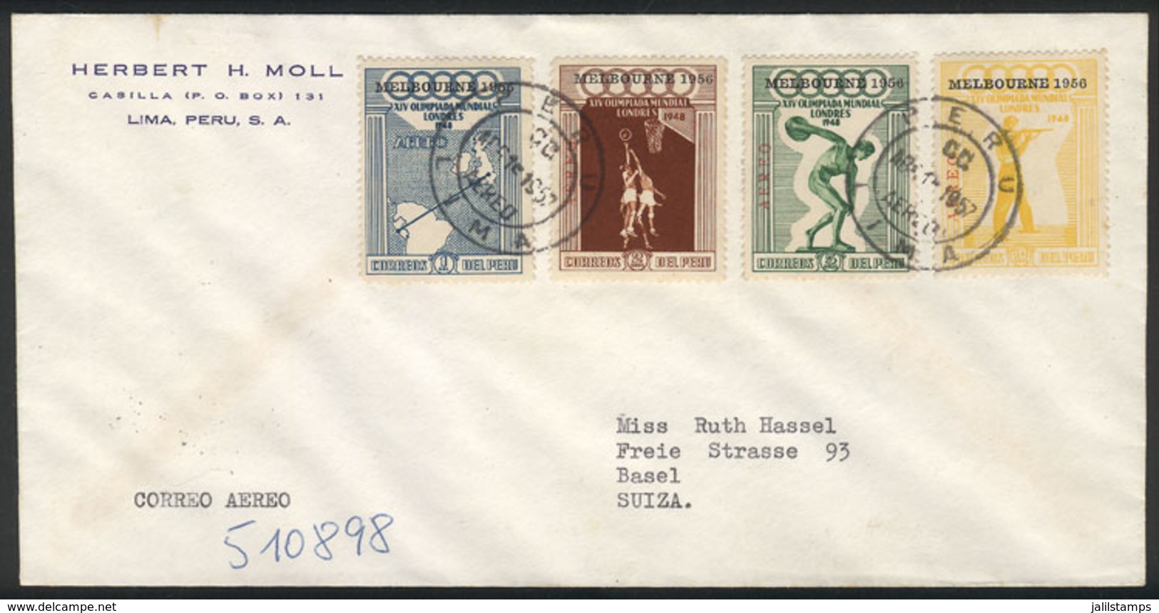 PERU: Yv.116/119, 1956 Melbourne Olympic Games, Cmpl. Set Used On Cover Flown From Lima To Basel On 15/AP/1957, ONLY DAY - Peru