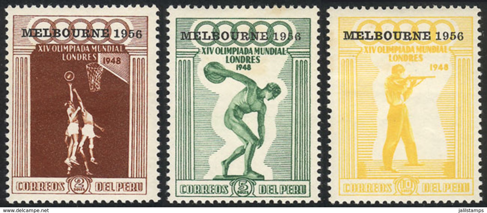 PERU: Yvert 117/119, 1956 Melbourne Olympic Games, The 3 Stamps With Red Overprint "AEREO" OMITTED, Very Rare, Mint But  - Perú