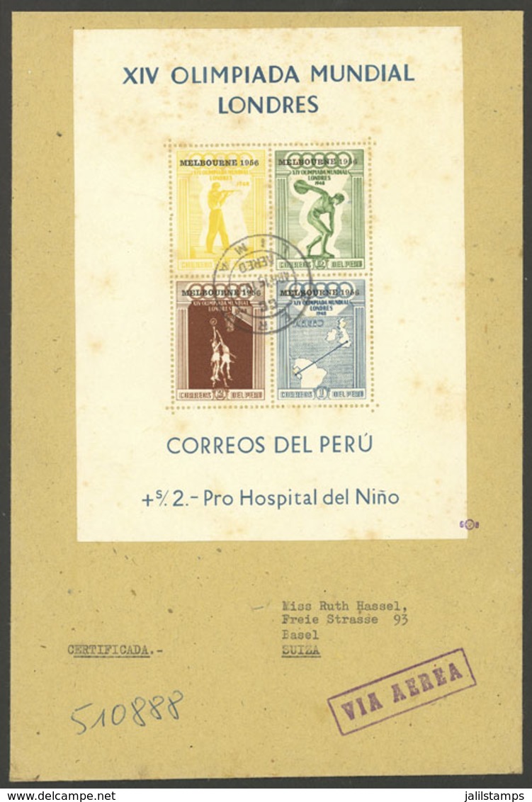 PERU: Yvert 2, 1956 Melbourne Olympic Games, With Variety: Red Overprint "AEREO" OMITTED In The 3 Stamps, Franking A Reg - Peru