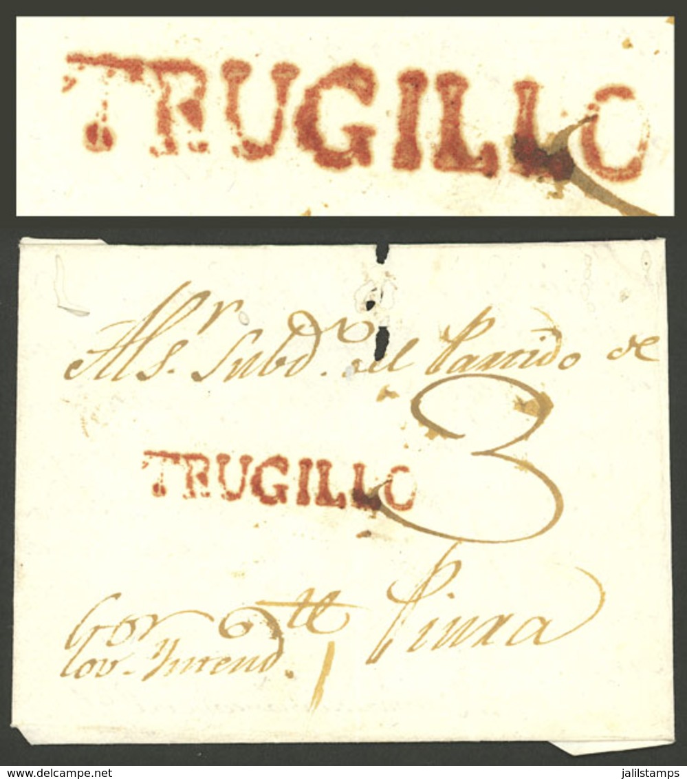 PERU: Folded Cover Sent To Lima With "TRUGILLO" Mark Perfectly Applied In Rust Red, Minor Faults, Rare!" - Perú