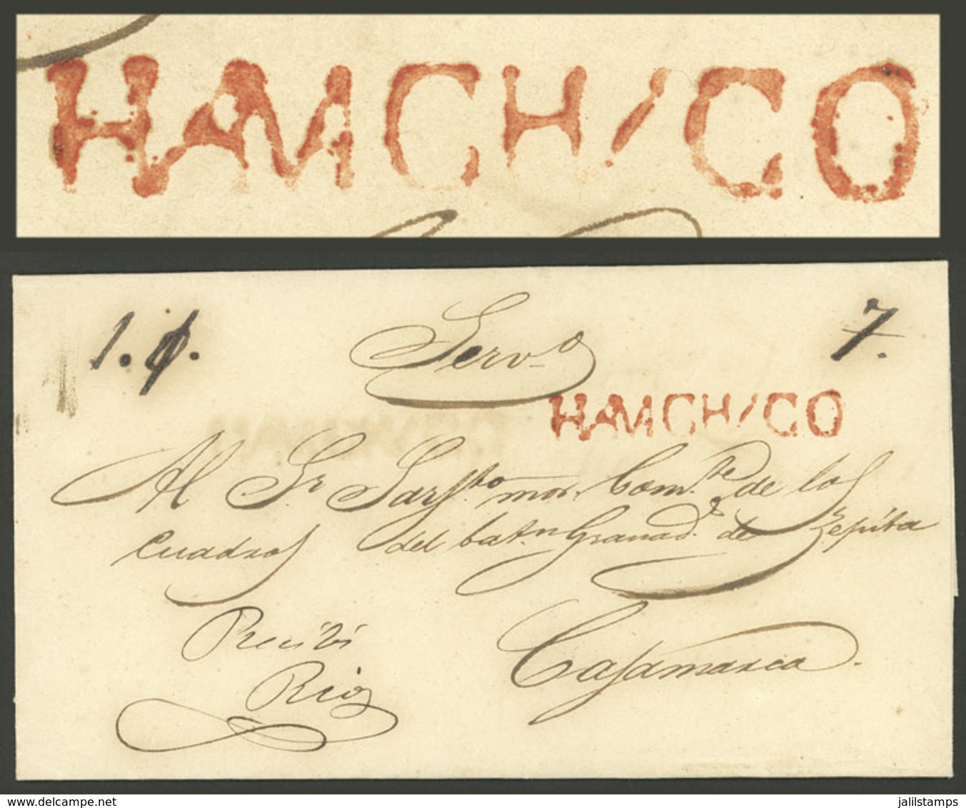 PERU: Circa 1830, Folded Cover Sent To Cajamarca With The HUAMACHUCO Mark (of Hamchuco) Perfectly Applied In Red, Fantas - Pérou
