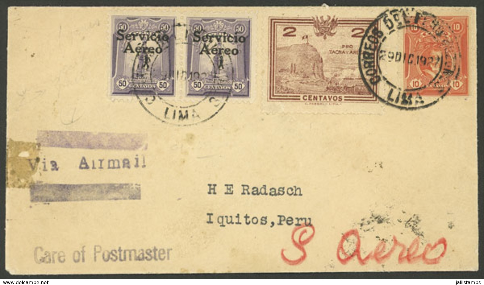 PERU: 29/DE/1927 First Airmail Lima - Iquitos, Cover Franked By Sc.C1 (types 3 And 4) + Other Values, With Special Marks - Peru