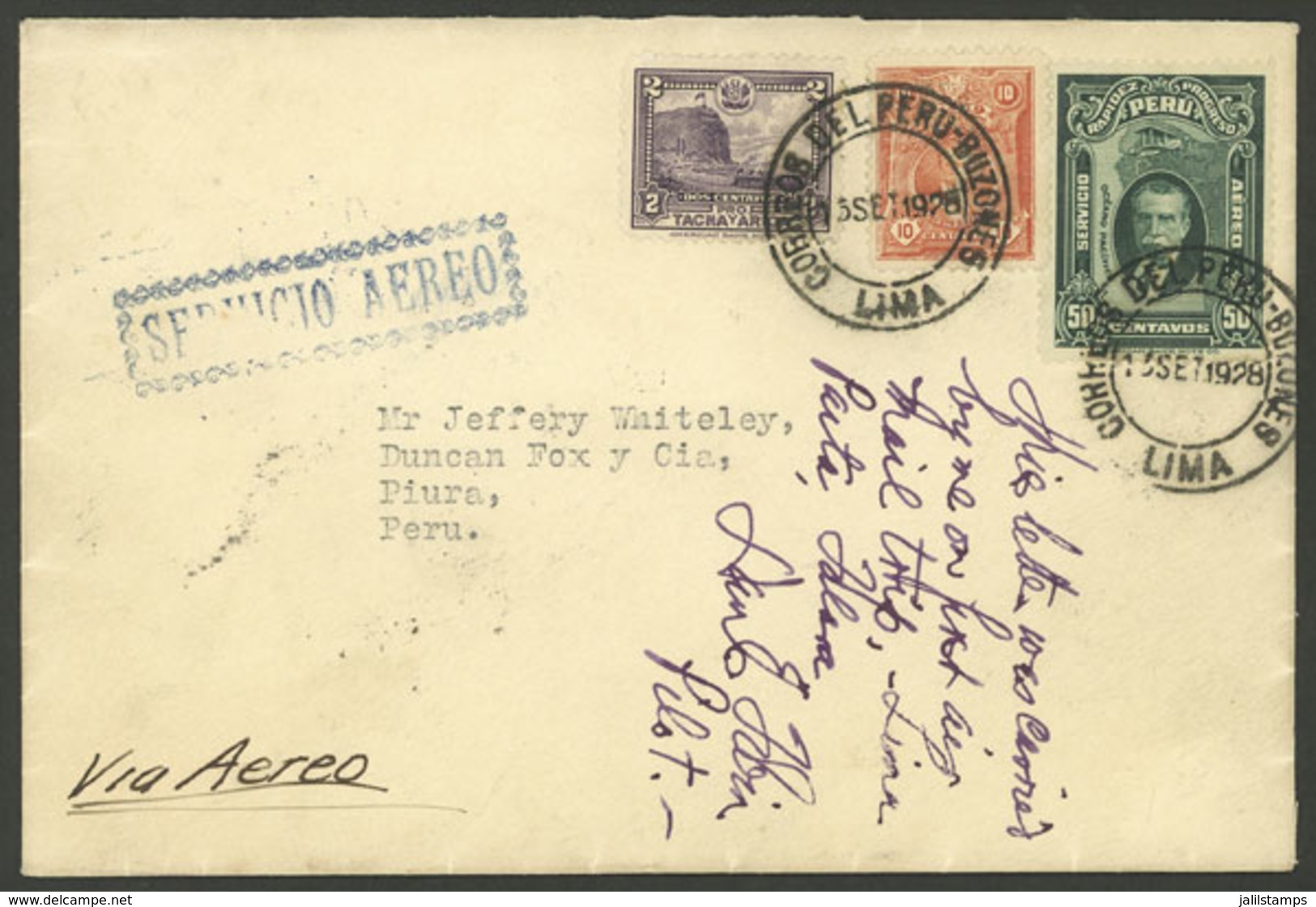 PERU: 13/SE/1928 Lima - Paita, FIRST FLIGHT, Cover Sent To Piura (with Arrival Backstamp Of The Same Day) And Signed By  - Peru