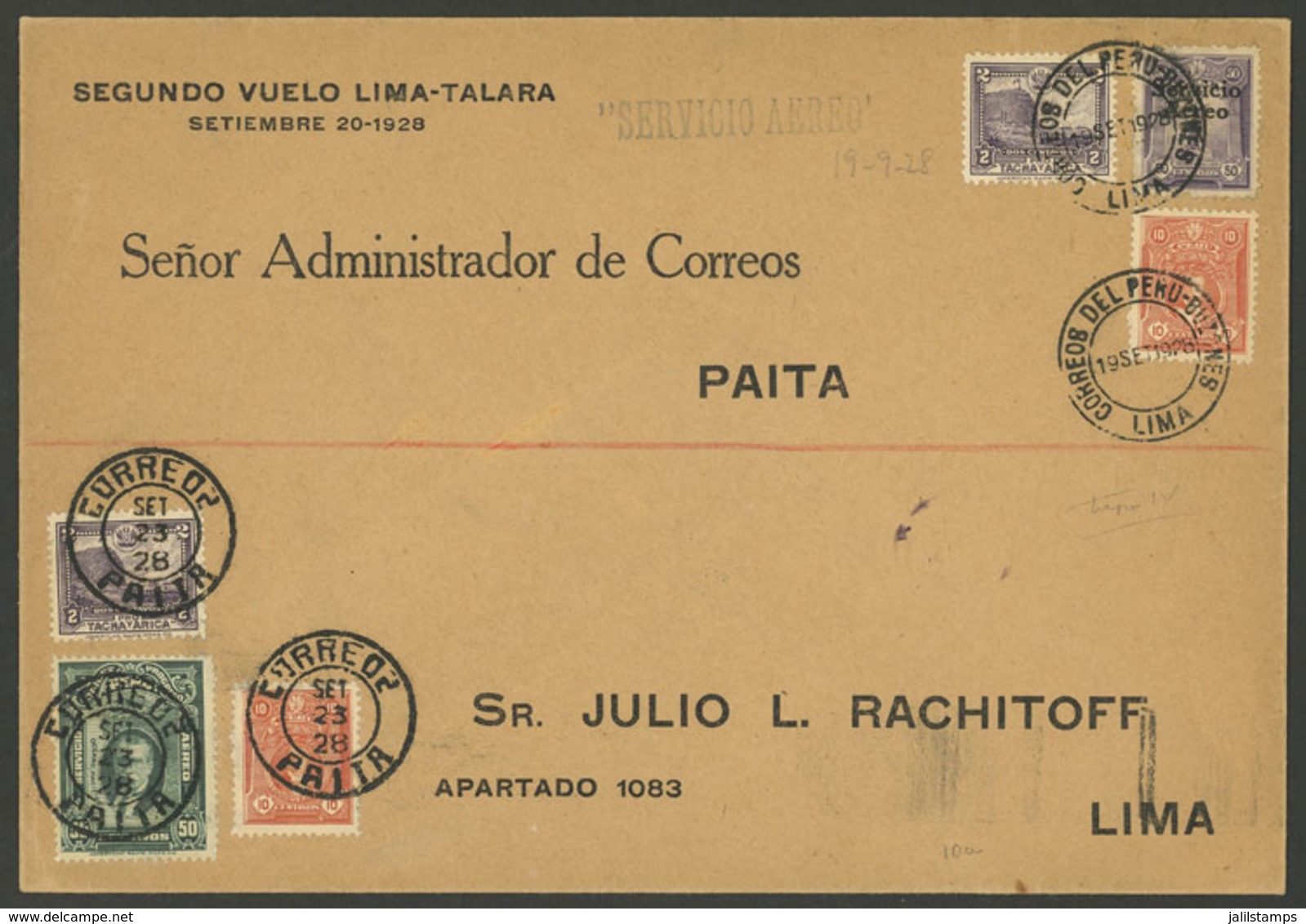 PERU: 19/SE/1928 Second Flight Lima - Paita - Lima, Cover With Double Postage To Pay The Rating Of Both Flights, Using S - Perú