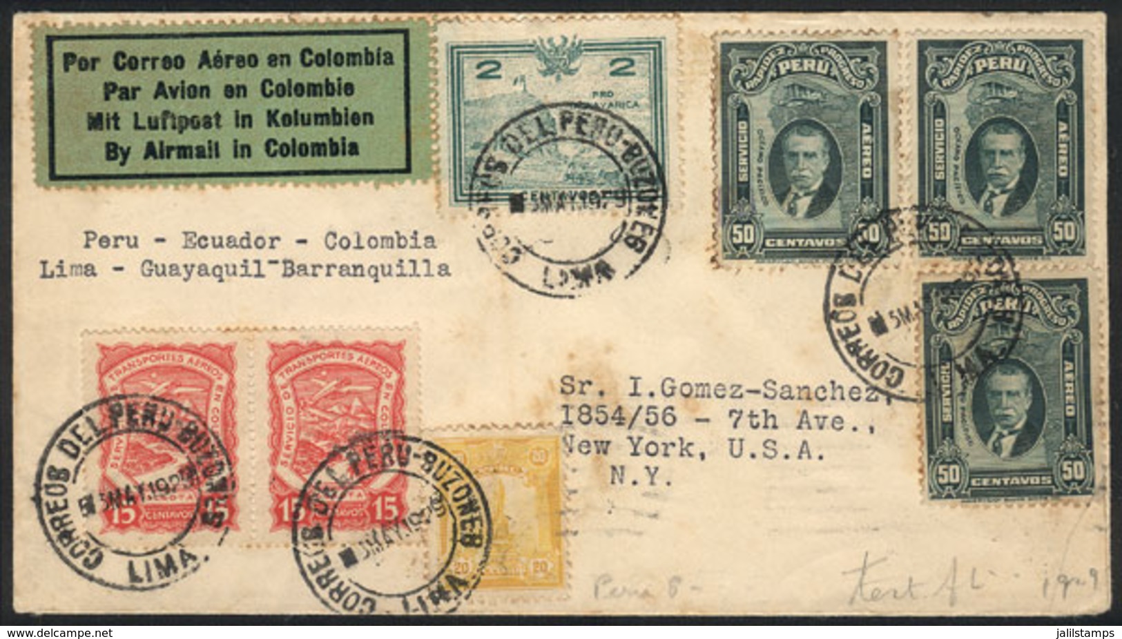 PERU: 3/MAY/1929 Lima - New York, Test Flight Lima - Cristobal (Panama Canal), Cover With Mixed Postage Of Peru And Colo - Peru