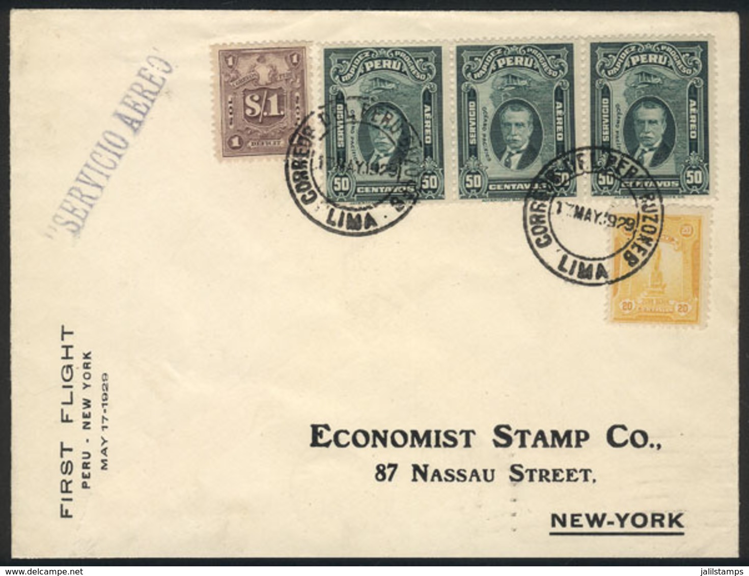 PERU: 17/MAY/1929 Lima - New York, Cover Carried On The FIRST FLIGHT Lima - Cristobal Of 18/MAY, Arrival Backstamp Of 20 - Peru