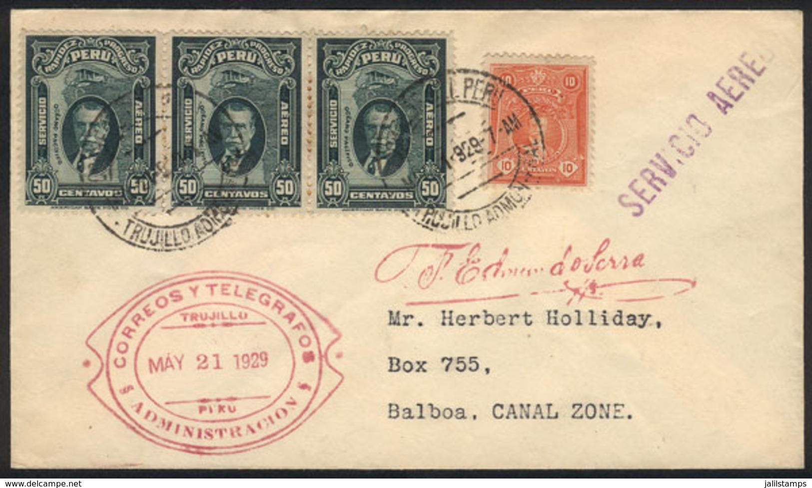 PERU: 21/MAY/1929 Trujillo - Cristobal, First Flight, Arrival Backstamp, Cover Of Excellent Quality! - Peru