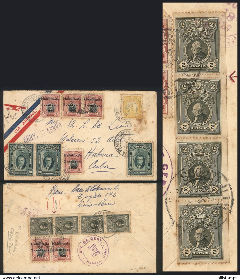 PERU: 14/JUN/1929 Lima - Cuba, Airmail Cover With Spectacular Postage On Front And Back, Including A Strip Of 4 Of 2c. C - Perù