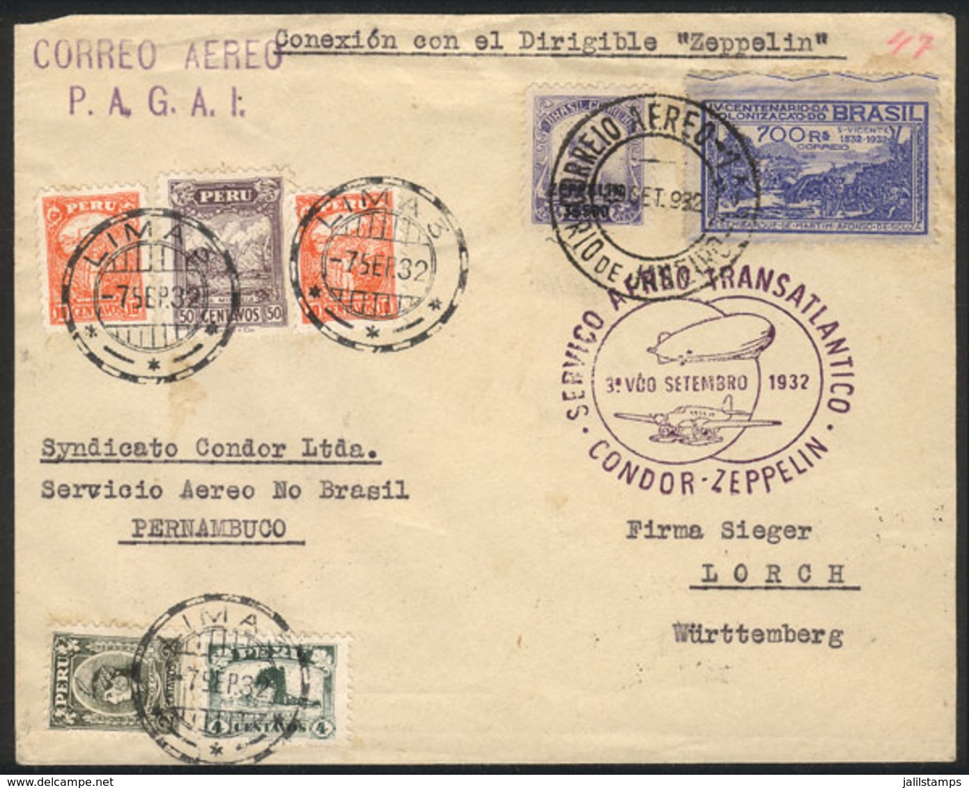 PERU: 7/SE/1932 Lima - Rio De Janeiro - Friedrichshafen, By ZEPPELIN (carried On 3rd Flight To South America), With Mixe - Peru