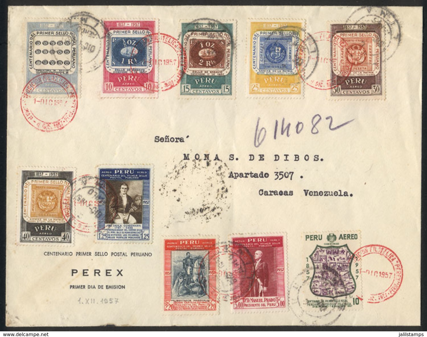 PERU: STAMP CENTENARY: The Set Of 10 Values On A Cover With First Day Postmark Of 1/DE/1957, Sent From Lima To Caracas ( - Peru