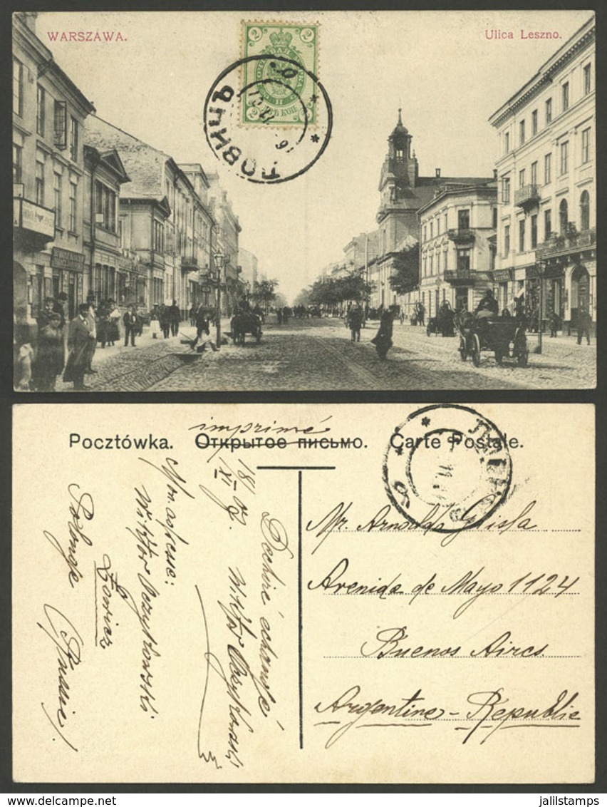 POLAND: 18/NO/1907 LOWICZ - Buenos Aires, Postcard With View Of Leszno Street In Warzawa, Franked With 2k., VF Quality! - ...-1860 Préphilatélie