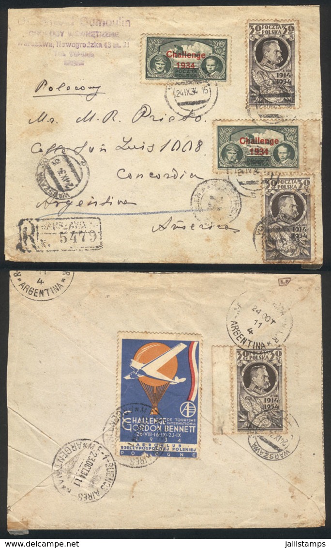 POLAND: 24/SE/1934 Warzawa - Argentina, Registered Cover Franked With Nice Postage + Cinderella On Back Of The Gordon Be - ...-1860 Prephilately