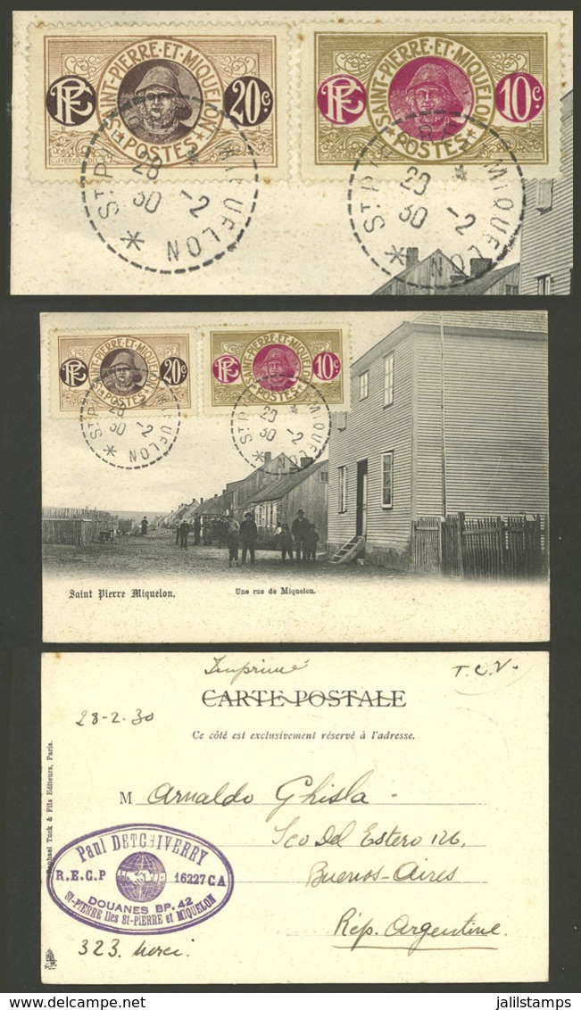 ST. PIERRE ET MIQUELON: 29/FE/1930 St.Pierre - Argentina, Postcard With View Of Street With Typical Buildings, Franked W - Covers & Documents