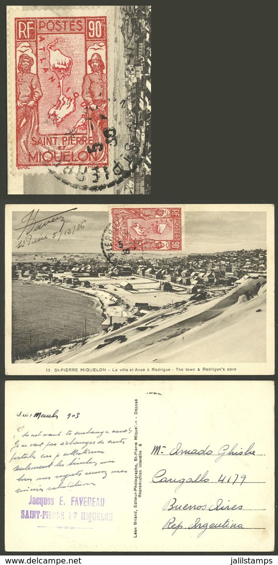 ST. PIERRE ET MIQUELON: 5/DE/1936 St.Pierre - Argentina, Postcard With General View Of The City, Franked With 90c. (Sc.1 - Briefe U. Dokumente