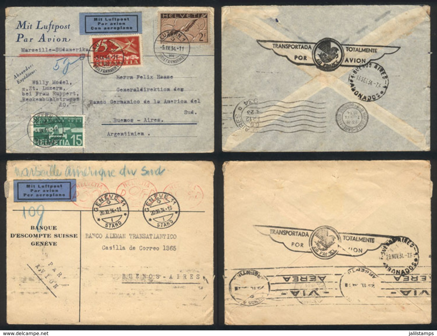 SWITZERLAND: Couple Of Airmail Covers Sent To Buenos Aires From Luzern On 5/SE/1934 And From Geneve On 20/NO/1934, Both  - Briefe U. Dokumente