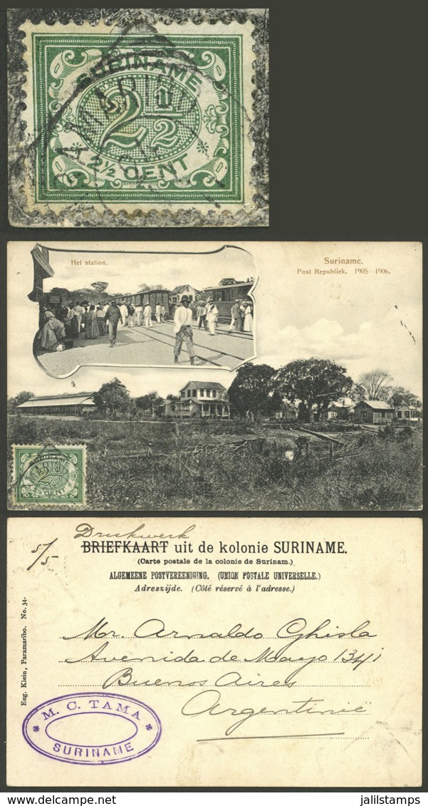 SURINAME: 1907 Paramaribo - Argentina, Postcard With View "Het Station Y Post Republiek", Franked With 2½c. (Sc.47) And  - Suriname