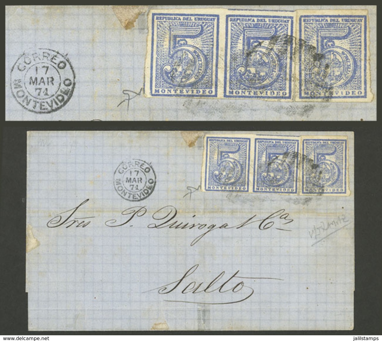 URUGUAY: Yvert 30A, 1866 Figures 5c. Imperforate, ULTRAMARINE, Pair + Single Franking A Folded Cover Sent From Montevide - Uruguay