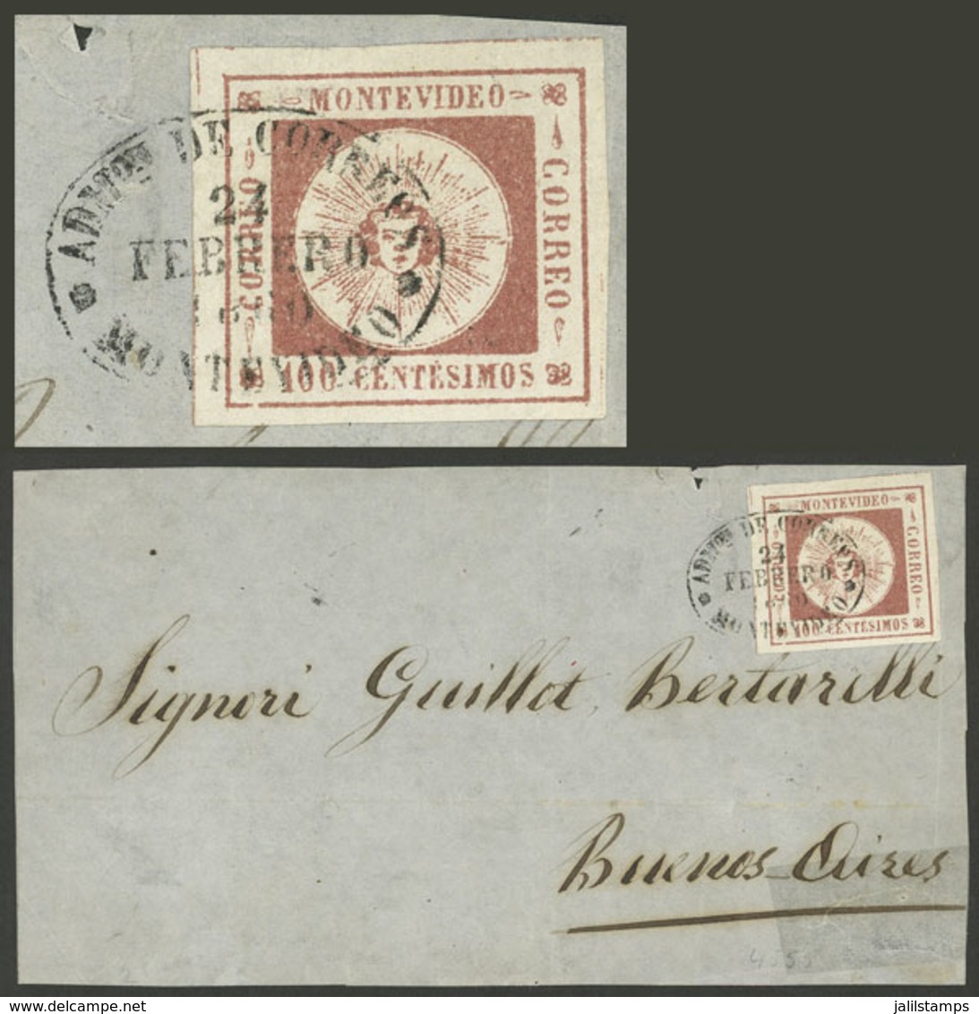 URUGUAY: Yv.9, 1859 100c. Franking A Front Of Folded Cover Sent From Montevideo To Buenos Aires On 24/FE/1860, VF Qualit - Uruguay