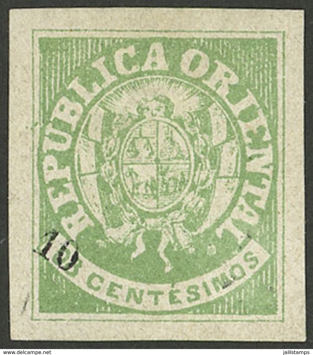 URUGUAY: Yvert/Sc.25, 1866 Escudito Overprinted 10c. With VARIETY: Overprint Incomplete (right "10" Missing), Mint Witho - Uruguay