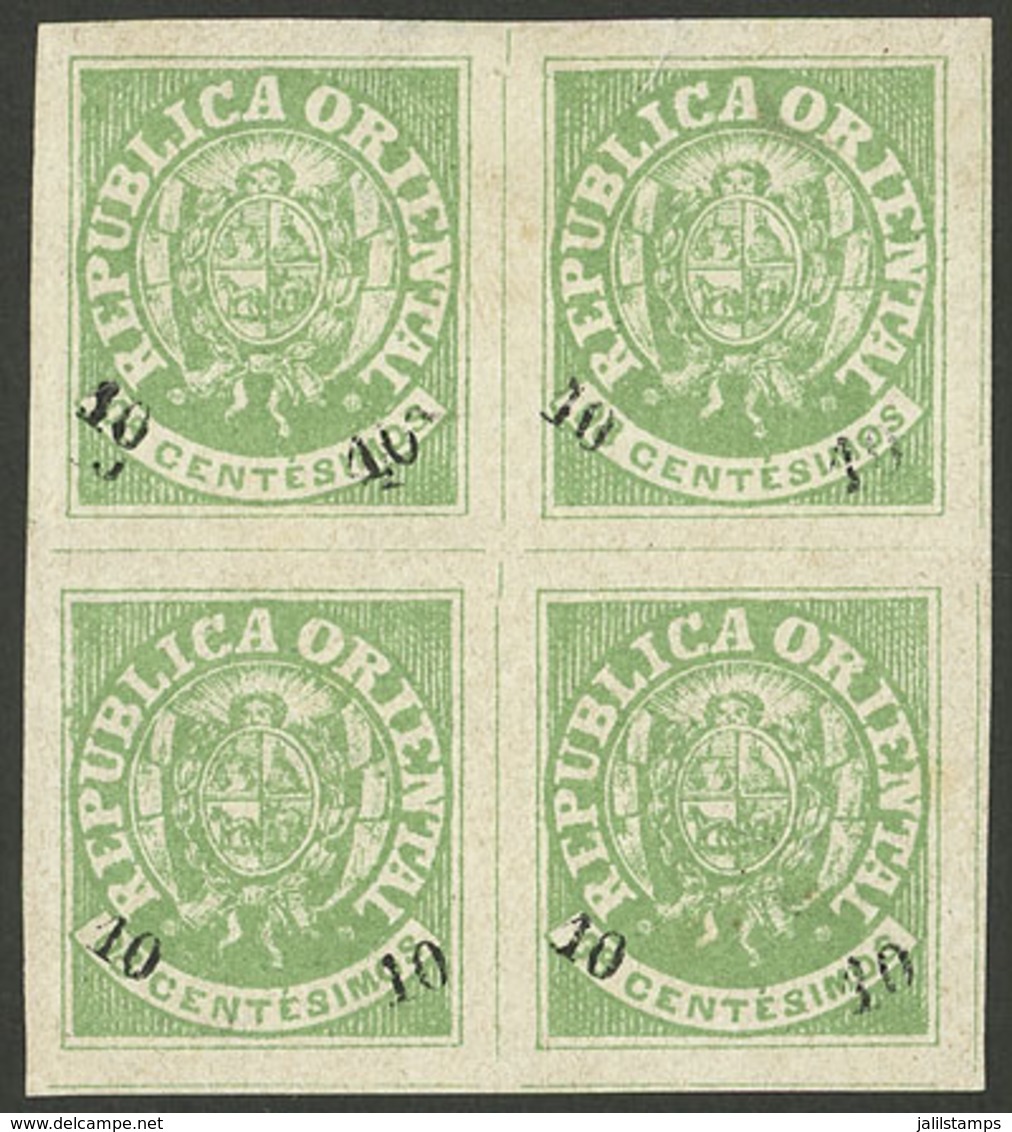 URUGUAY: Yvert 25 (Sc.25+25c), 1866 Escudito Overprinted 10c., Block Of 4, One With DOUBLE OVERPRINT, Mint Without Gum,  - Uruguay