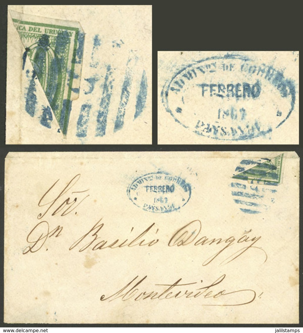 URUGUAY: Yvert 31a, 1866 Stamp Of 10c. BISECT Used As 5c. On Cover Sent From Paysandú To Montevideo In FE/1867, Excellen - Uruguay