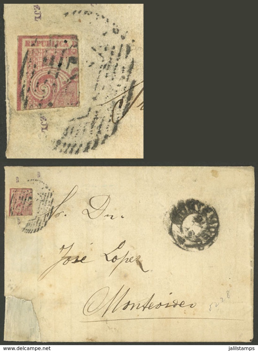 URUGUAY: Yvert 33b, QUARTER Of 1866 Stamp Of 20c. Used As 5c, On A Folded Cover To Montevideo, With Dispatching Semi-mut - Uruguay