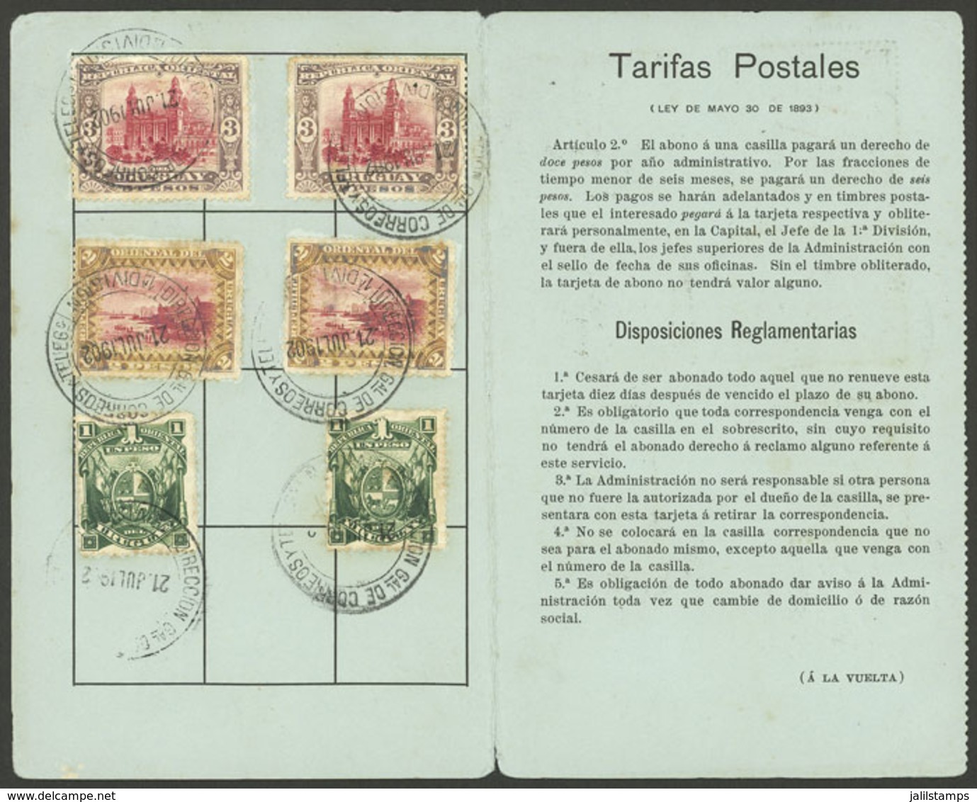 URUGUAY: PO Box Payment Card Of 1902/3 With Stamps For 12P. (Yvert 129/130 + 159, 2 Examples Of Each Value), VF Quality  - Uruguay