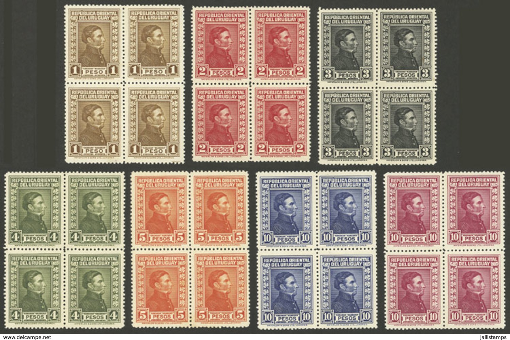 URUGUAY: Yvert 435/441, 1932/4 "Artigones" 1P To 10P., Complete Set Of 7 Values In Mint Blocks Of 4, Superb, With Hinge  - Uruguay