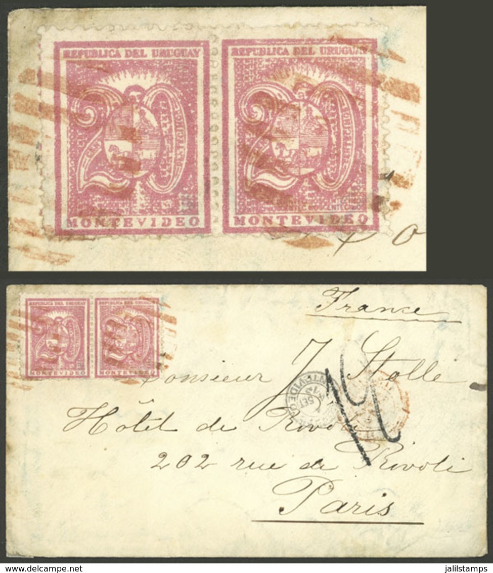 URUGUAY: Cover Sent To France Franked With Pair Sc.38 (20c. Rose Of 1866/7) With Red Mute Cancel, Along Datestamp Of Mon - Uruguay