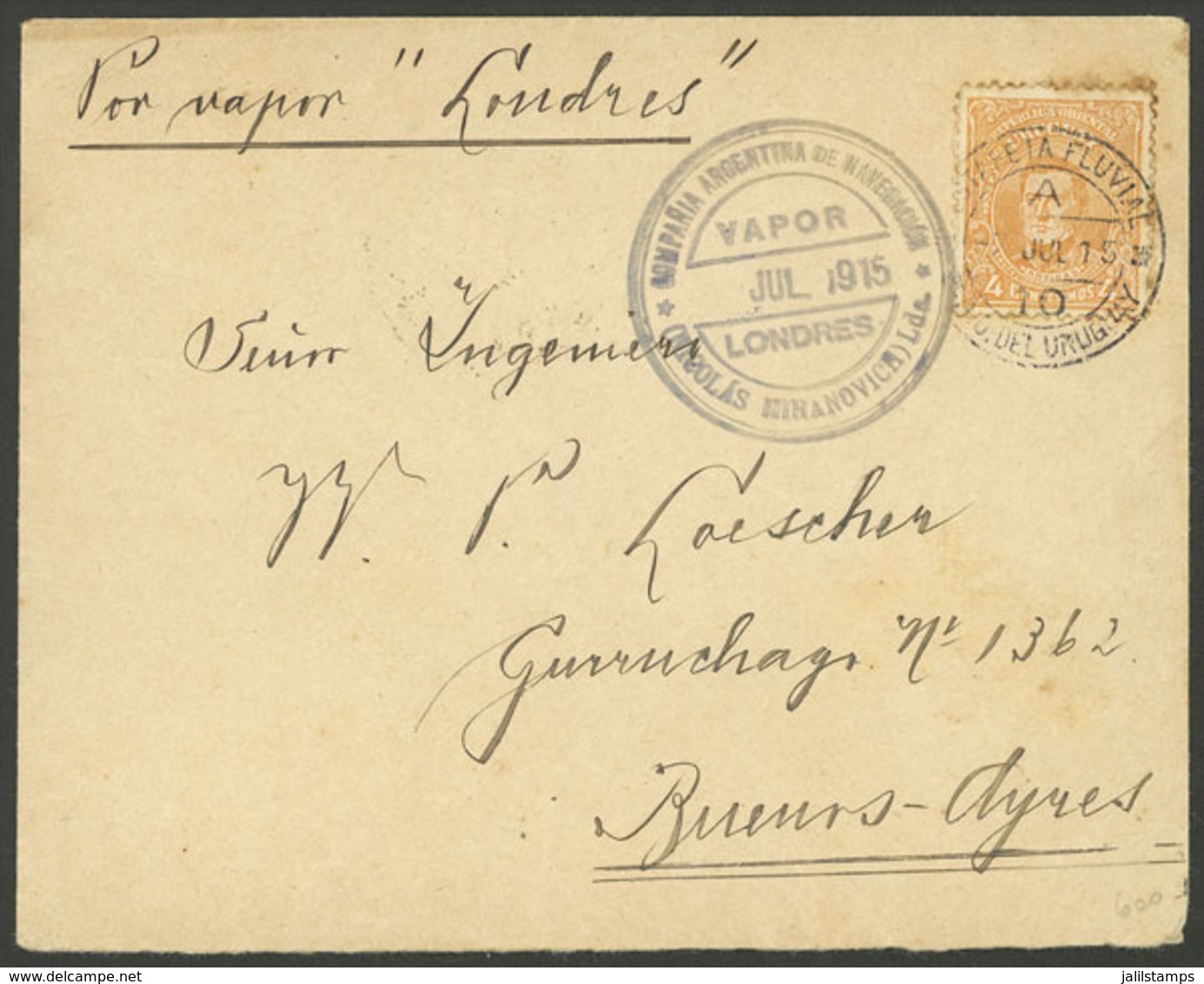 URUGUAY: Rare Mark Of STEAMER LONDRES: Cover Sent To Buenos Aires On 8/JUL/1915 Franked With 4c., Cancelled "ESTAFETA FL - Uruguay