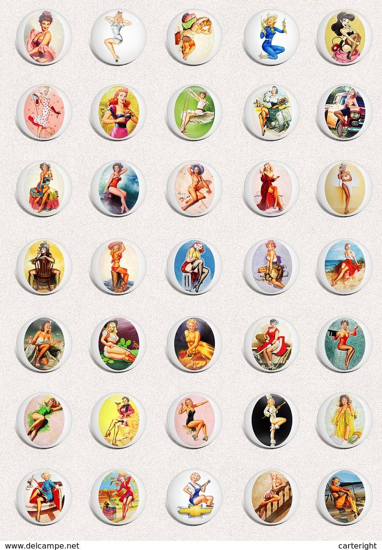 Pin Up Girl BADGE BUTTON PIN SET 12 (1inch/25mm Diameter) 35 DIFF - Pin-ups