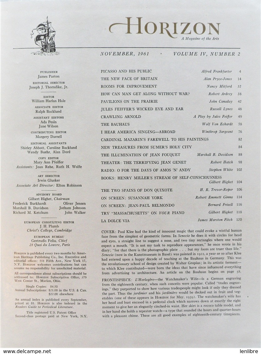 HORIZON, 4 Numéros. Revue Culture-Art, Américaine. 1961-1962. - Kultur