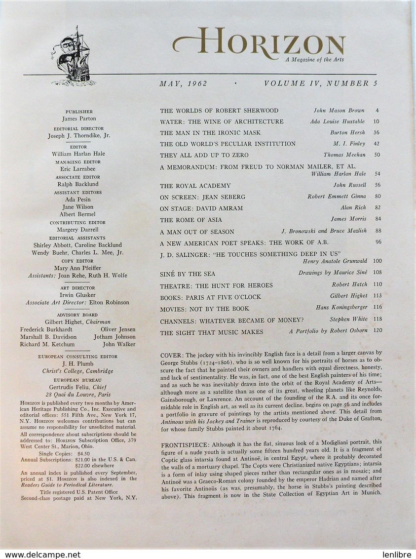 HORIZON, 4 Numéros. Revue Culture-Art, Américaine. 1961-1962.