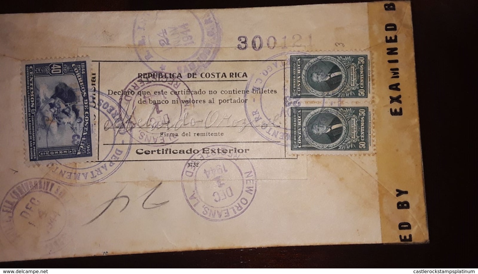 O) 1944 COSTA RICA, MERCURY AND PLANE SC C96 40c, JOSE MARIA ALFARO SC C84 50c, CENSORSHIP - EXAMINED, CERTIFICADO EXTER - Costa Rica