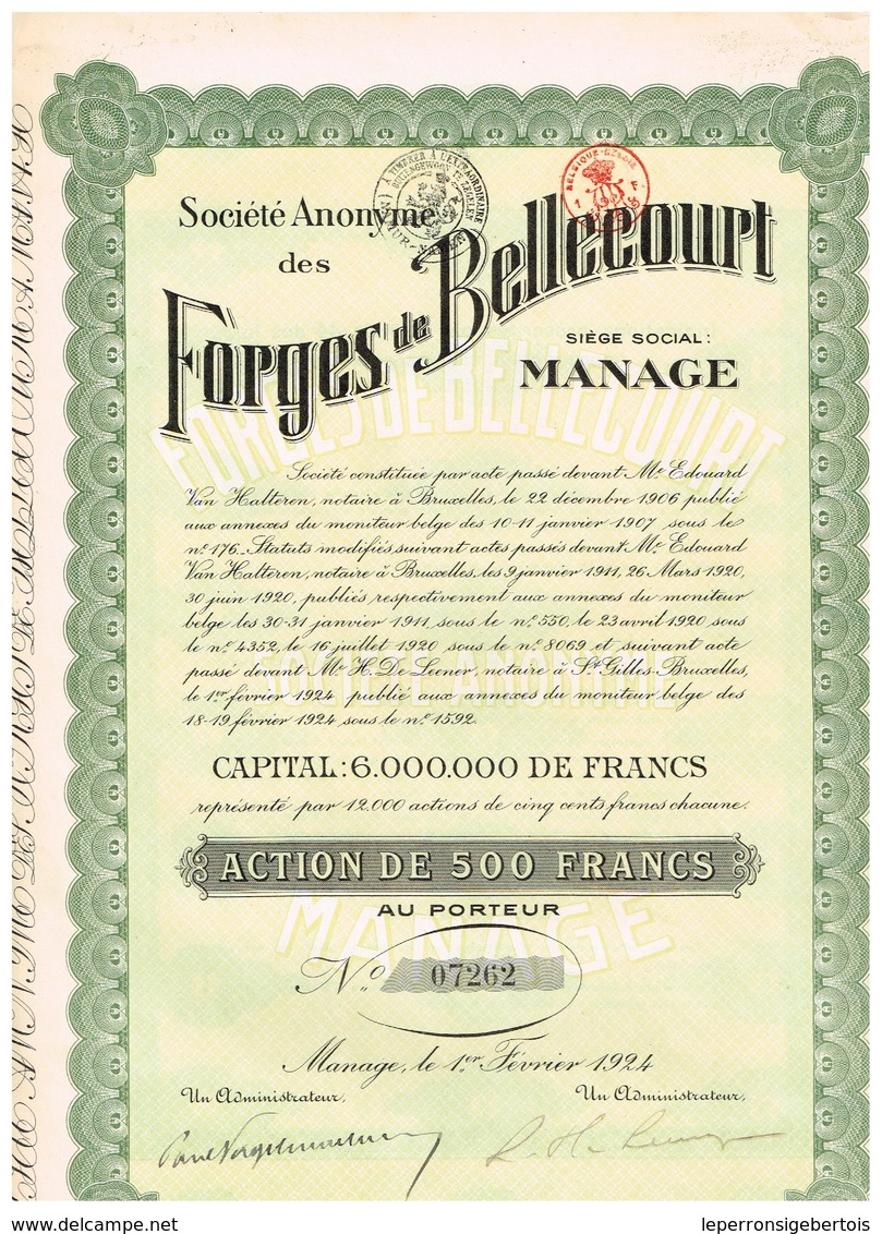 Titre Ancien - Société Anonyme Des Forges De Bellecourt - Titre De 1924 - N°07262 - Industrie