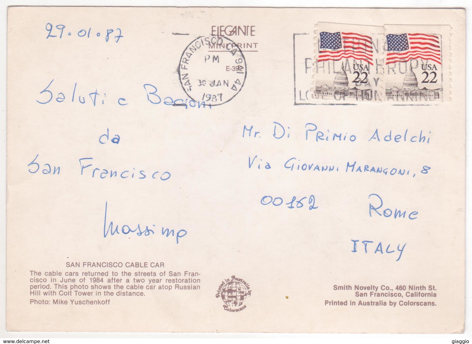 °°° 13820 - USA - CA - SAN FRANCISCO - CABLE CAR - 1987 With Stamps °°° - San Francisco