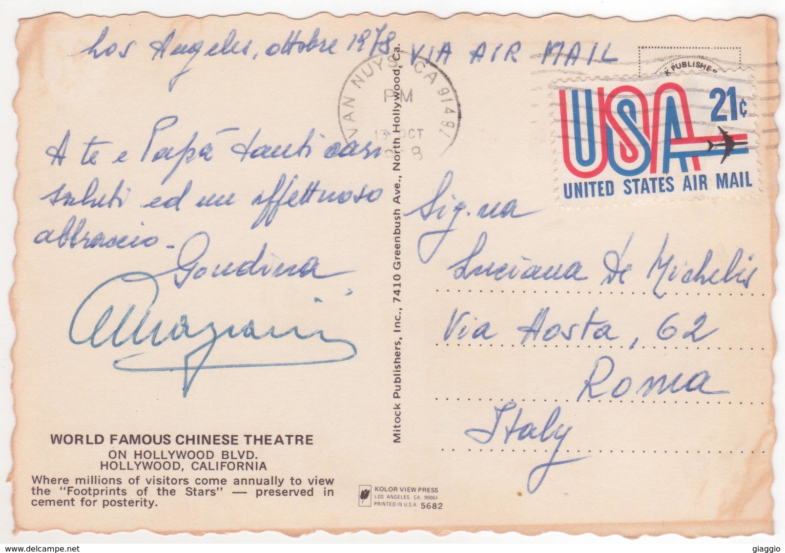 °°° 13823 - USA - CA - LOS ANGELES - HOLLYWOOD - CHINESE THEATRE - 1978 With Stamps °°° - Los Angeles