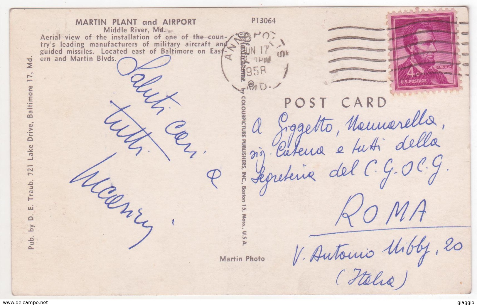 °°° 13835 - USA - MD - MARTIN PLANT AND AIRPORT - 1958 With Stamps °°° - Baltimore