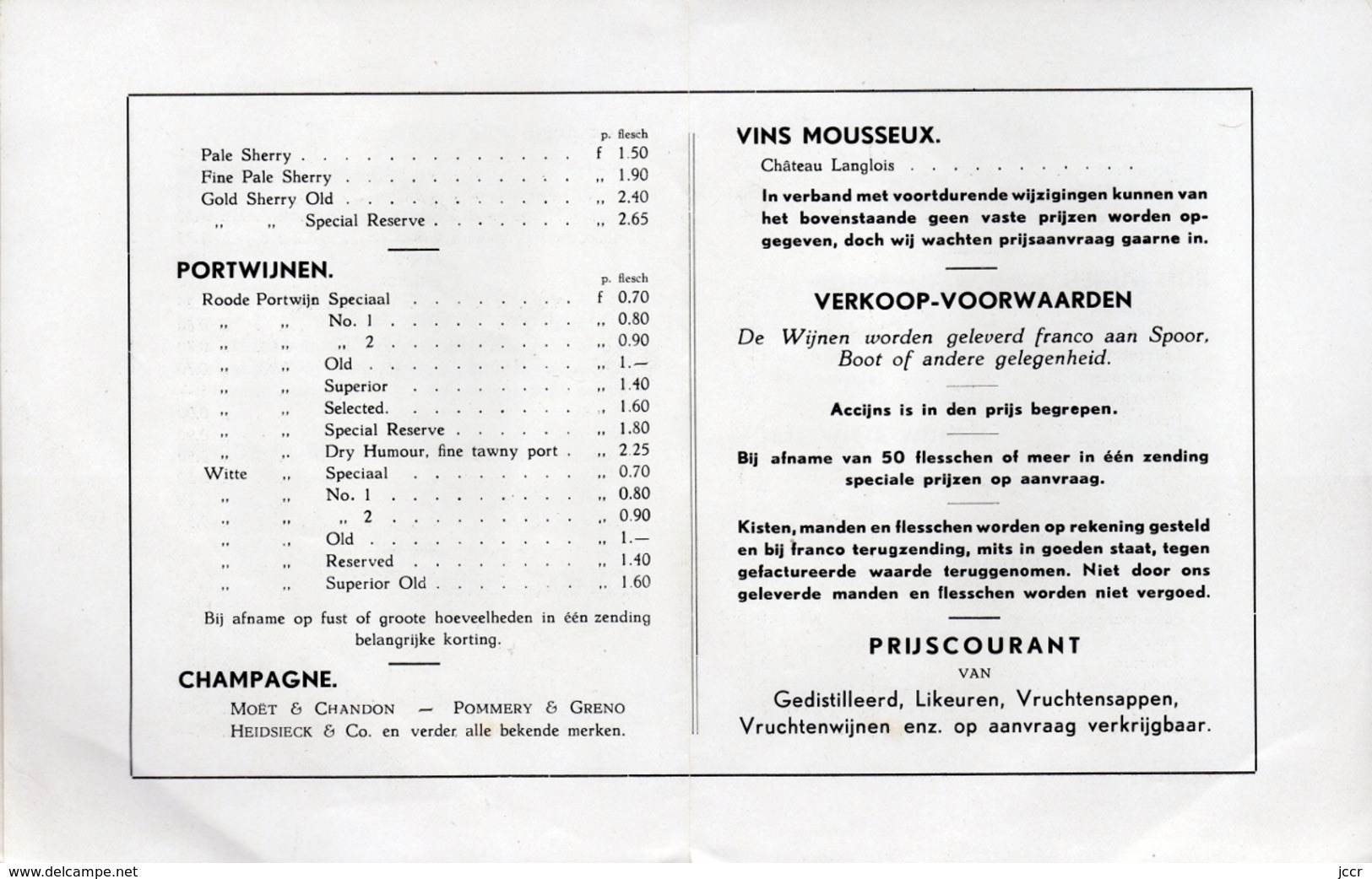 Wijn-Prijslijst Juni 1938 - H. C. Wyers Dordrecht - Holland - Koken & Wijn