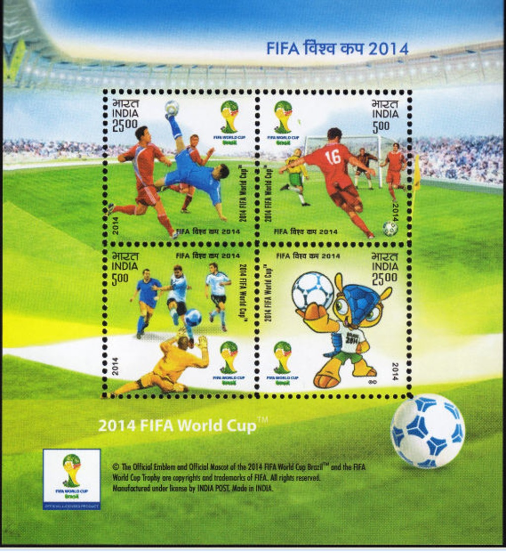 5X INDIA 2014 FIFA World Cup Brazil; Miniature Sheet, MINT - Unused Stamps