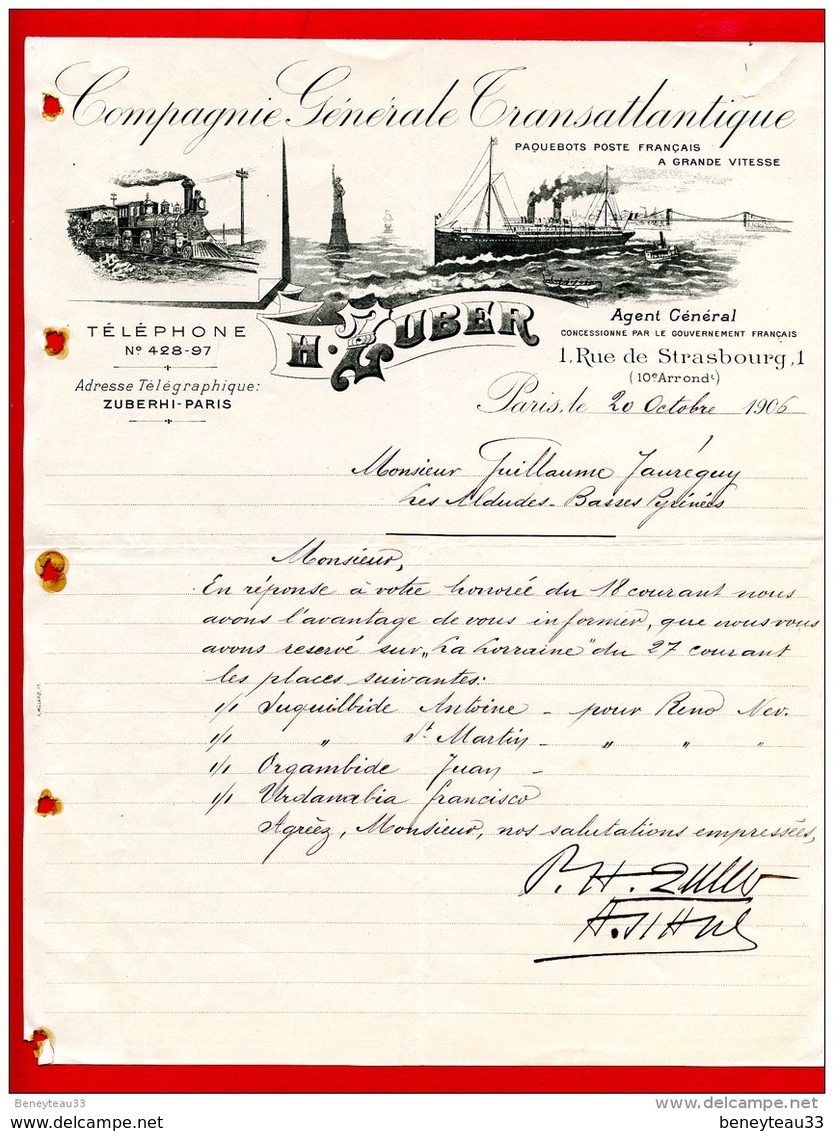 FACTURE (Réf:C124) (VIEUX PAPIERS -Documents Commerciaux) COMPAGNIE GÉNÉRALE TRANSATLANTIQUE H. ZUBER PARIS - 1900 – 1949