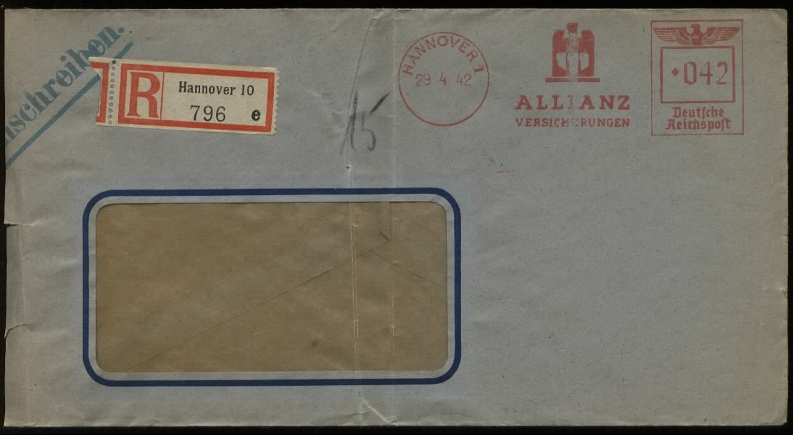 WW II R - Briefumschlag Mit Freistempel, Allianz Versicherung :gebraucht Hannover - Osnabrück 1942 , Bedarfserhaltung - Lettres & Documents