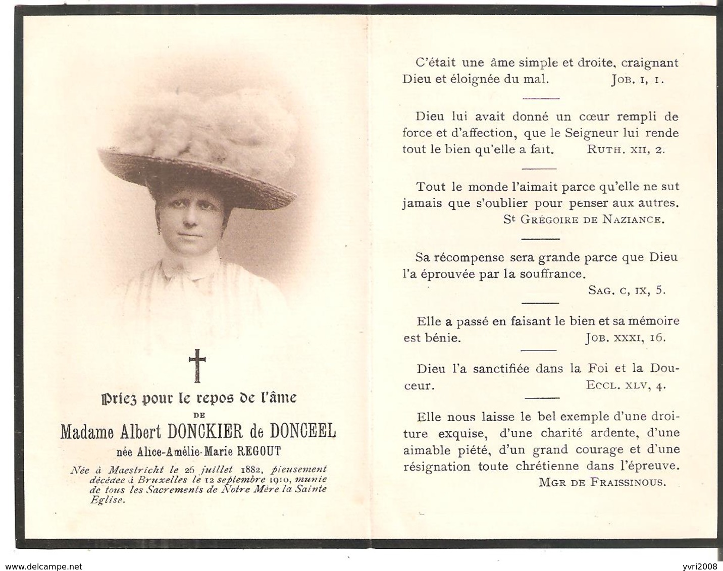 Faire-Part Madame Albert DONCKIER De DONCEEL Décédée à Bruxelles Le 12/09/1910 - Décès