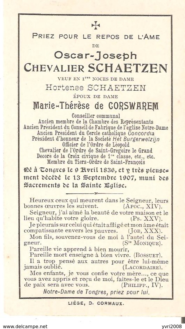 Faire-Part OscarJoseph Chevalier SCHAETZEN Décédé Le 13/9/1907 Voir Verso - Obituary Notices