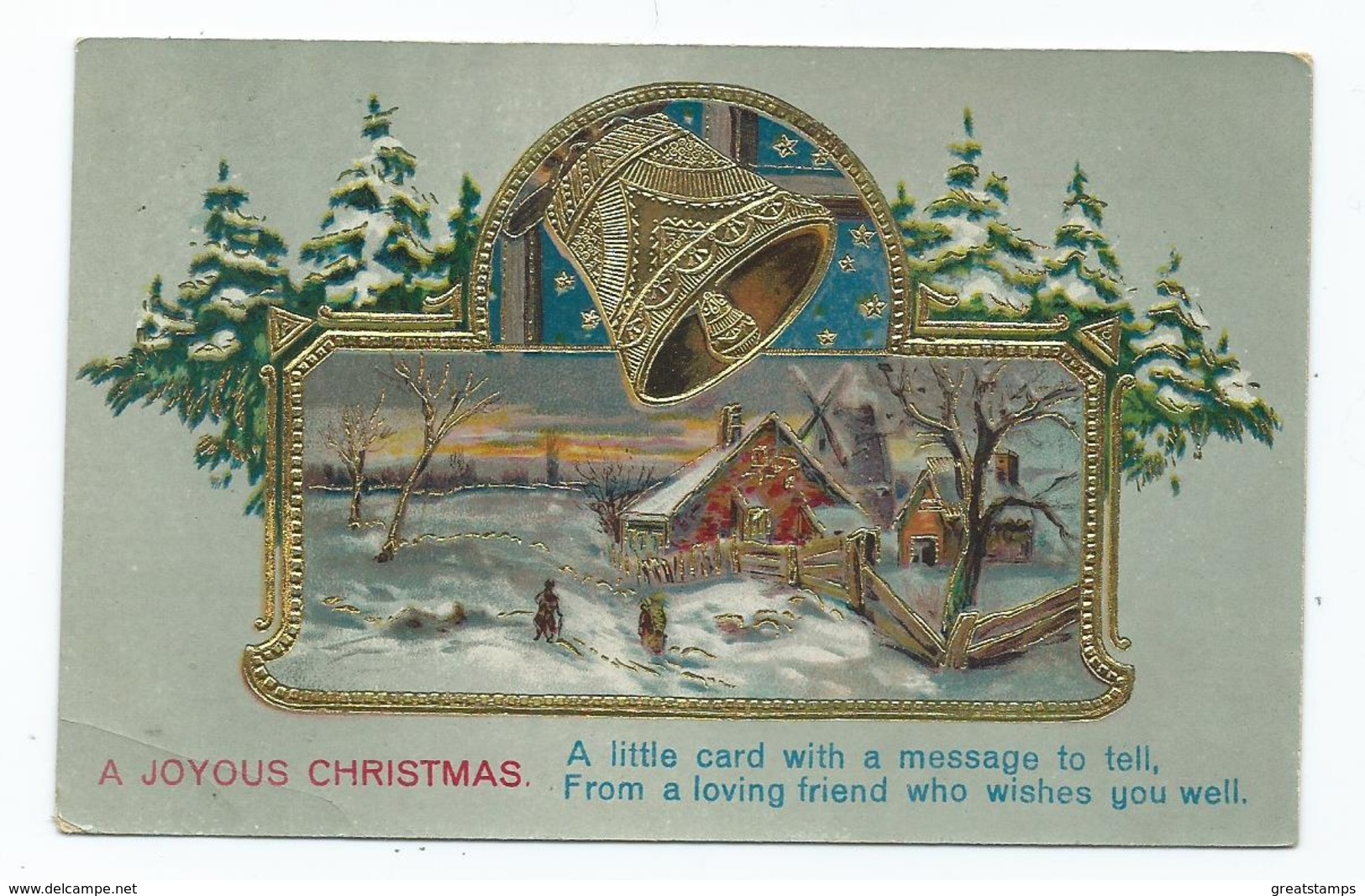 Christmas Postcard A Joyous Christmas Embossed Bell Unused - Otros & Sin Clasificación