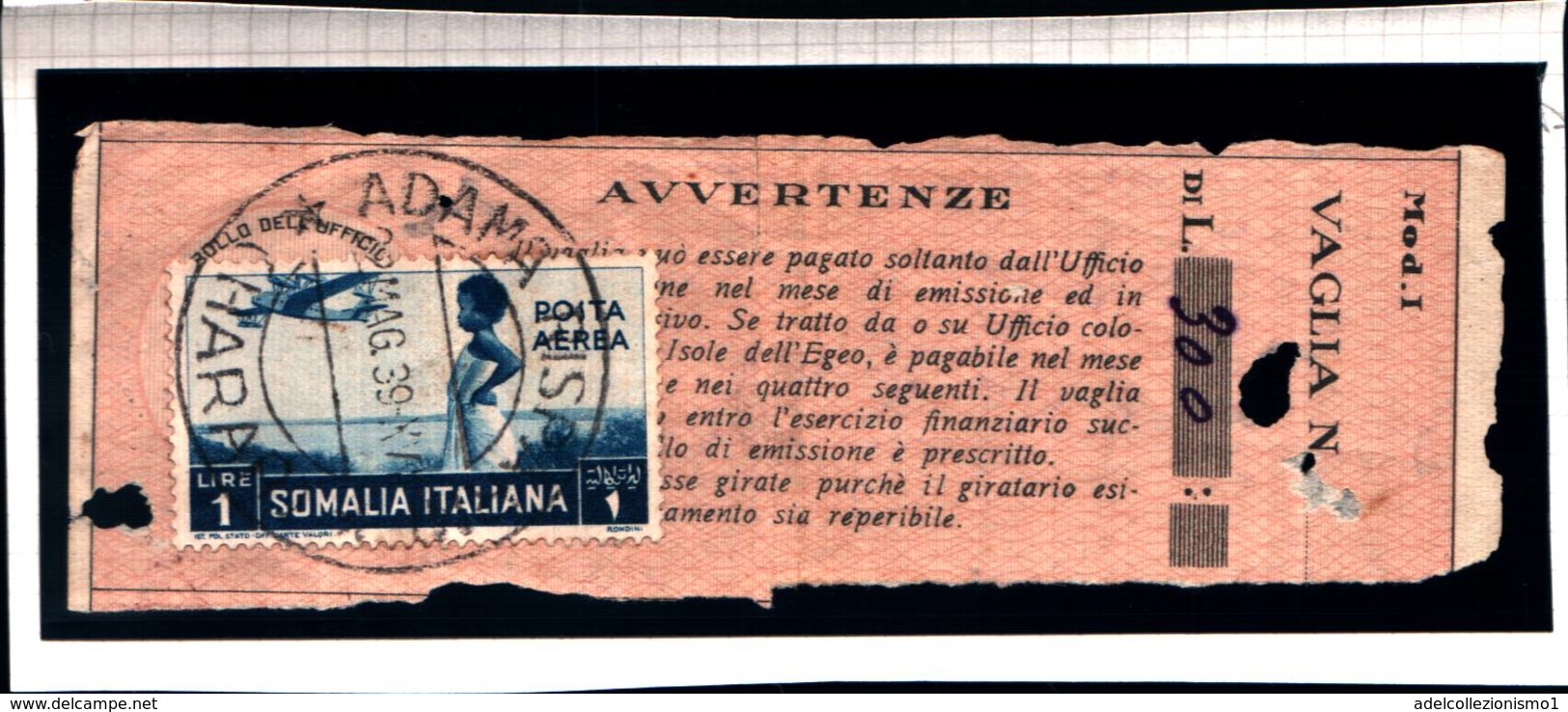 6907B) ITALIA-SOMALIA-RICEVUTA PER VAGLIA CON1 LIRA PITTORICA-adama-harar-22/5/1939 - Somalia